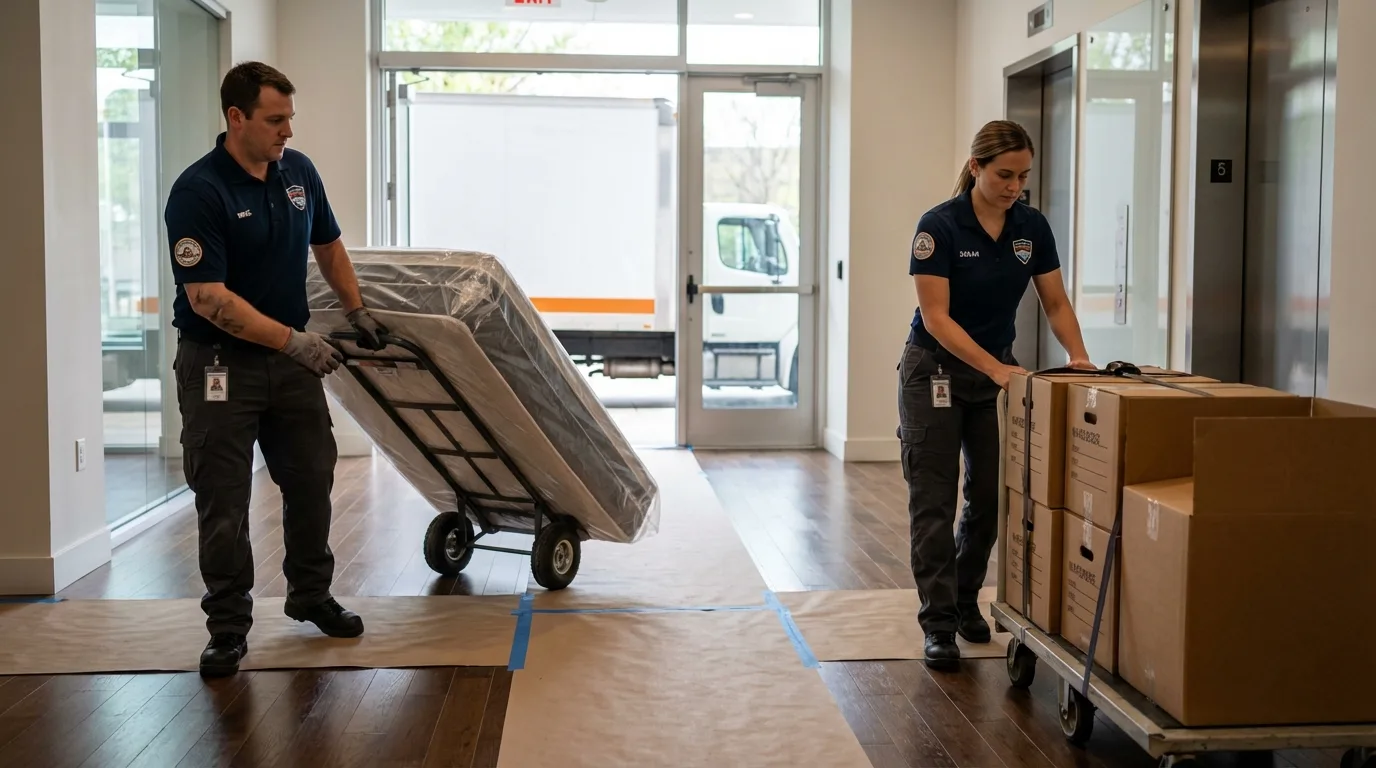 Professional apartment movers loading elevator in Terre Haute, IN