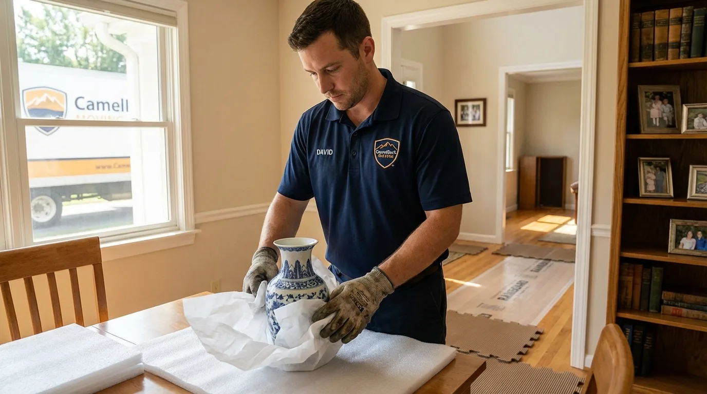 Professional crew carefully wrapping antique vase for senior downsizing move in Terre Haute, IN